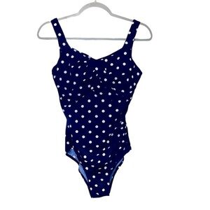 Lands End Navy Blue & White Polka Dot One-piece Swimsuit Built-in Underwire bra